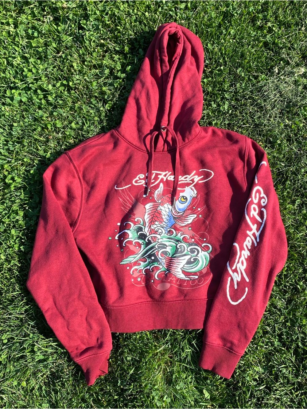 Ed Hardy Woman’s Red Koi Hoodie with Multicolor Wave Art